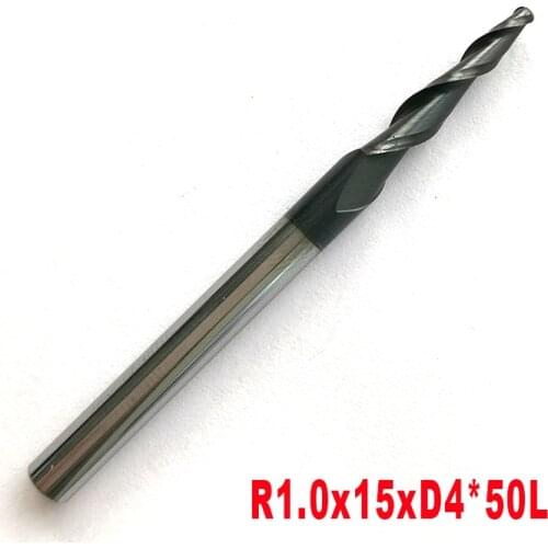1pc HRC55 R1.0*D4*15*50L*2F Tungsten solid carbide Coated Tapered Ball Nose End Mills taper and cone endmills