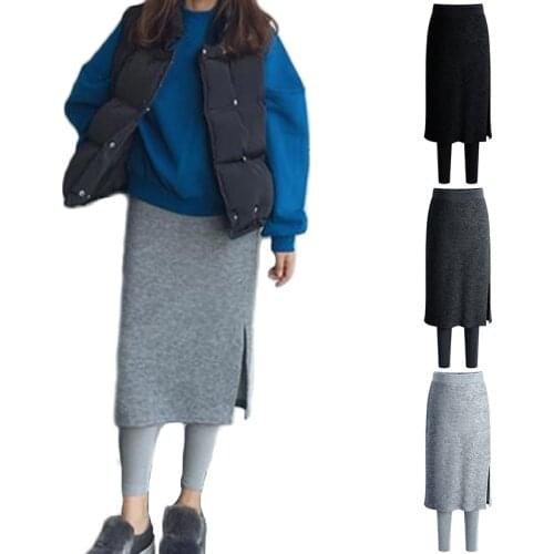 Women‘s Fake Two Pieces Leggings Fashion Slim-Fit Spring Autumn Winter Warm Fleece Midi Long Skirt Leggings Plus Size 4XL