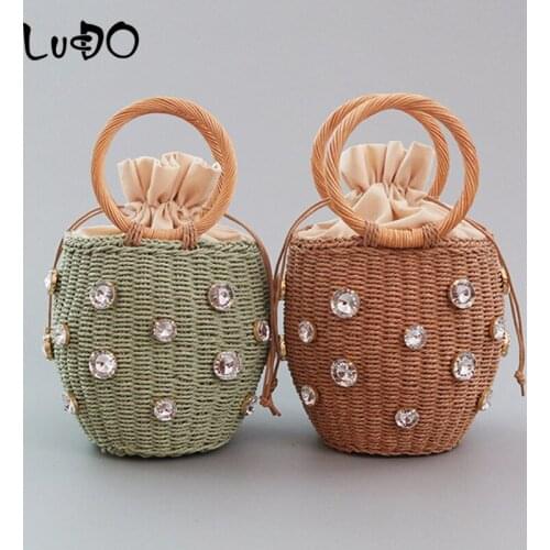 LUCDO Small Straw Bucket Bags 2020 New Handmade Rhinestone Crystal Embellished Straw Bag Lady Travel Handbag and Purses Totes