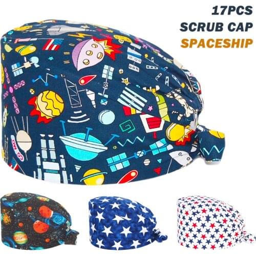 Wholesale Scrubs Hat Cotton Spaceship Printing Adjustable Nursing Caps Beauty Salon Pet Shop Working Accessories Scrub Cap Women