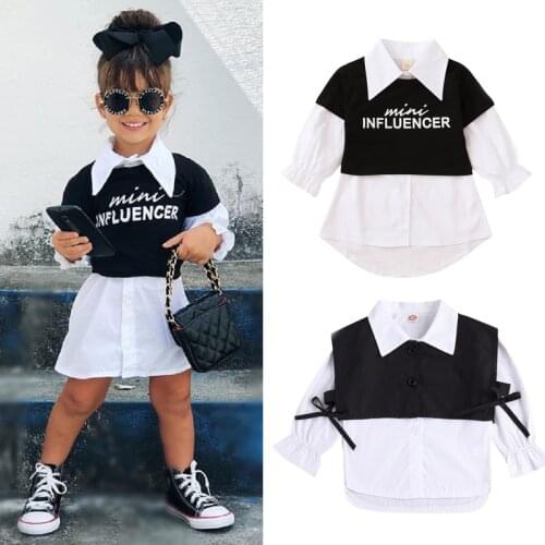 1-5Y Autumn Infant Baby Girls Dress +T Shirts 2pcs Letter Print Tops Solid Long Sleeve Single Breasted Shirts Dresses