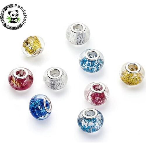 100pcs 14x10mm Lampwork European Large Hole Bead Charm for Jewelry Making with Glitter Powder Inside Silver Color Core Rondelle