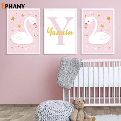 Personalized Poster Baby Name for Girls Bedroom Custom Canvas Painting Nursery Print Pictures Pink Swan Crown Wall Art Decor
