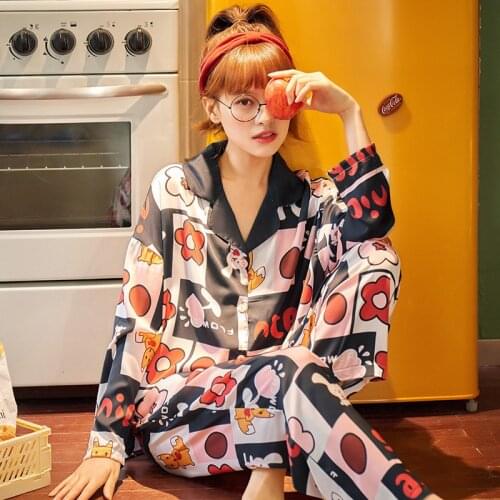 Pajamas Womens Summer Spring And Autumn Ice Silk Full Sleeve Thin Fashion Flower Homewear Pajamas Set