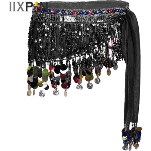 Women Girls Belly Dance Belt Accessories Shiny Sequin Tassel Waist Chain Lace Up Hip Scarf Skirt Performance Costume Belly Belts