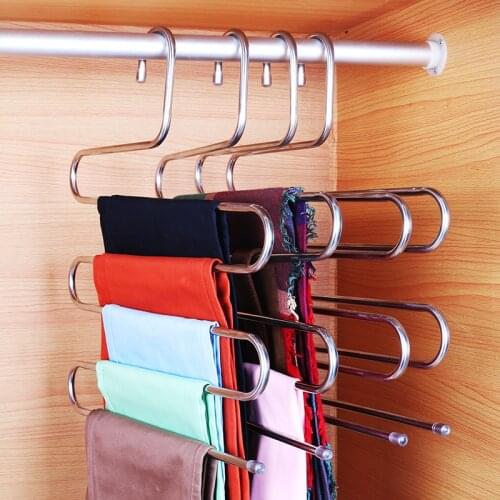 Pants rack multilayer s type magic pants clip stainless steel wardrobe telescopic trousers hanger