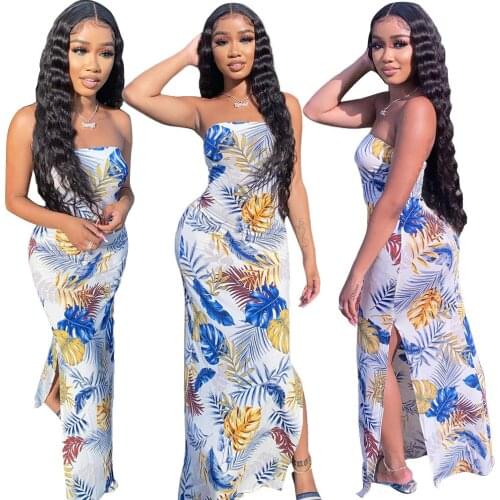 Vintage Leaf Print Dress Sexy Spaghetti Strap V Neck Long Dress Women Summer Big Swing Beach Dresses Party Tunic