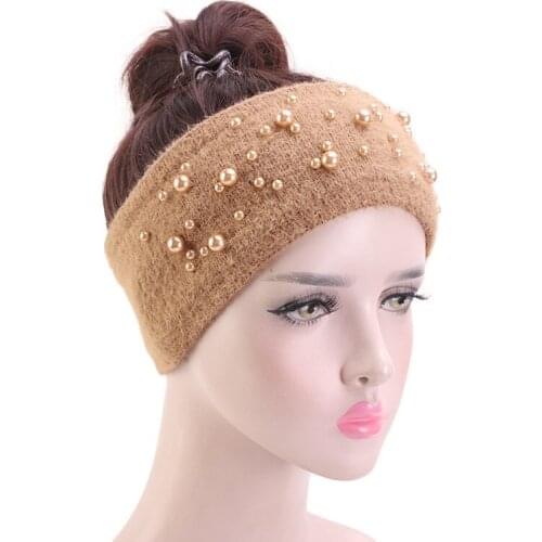 New Autumn Winter Knitted Headband Women Hair Accessories rabbit fur Elastic Wide Hair Scarf Hairband Bead Head Band Headwear