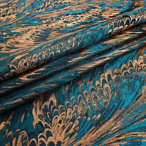 145cm Width Jacquard Fabric Metallic Gold Dyed Peacock Plume Pattern for Women Dress Skirts Cloth White Beige Navy by the meter