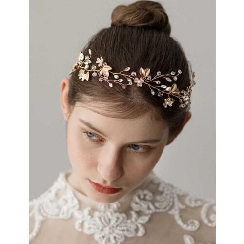 Crystal and Rhinestones Leaves Bridal Wedding Headband Hair Vine Gold Pearls Headpiece Bridal Headbands for Women