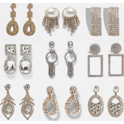 Flatfoosie Fashion New Shiny Crystal Drop Earrings For Women Boho Round Square Gold Color Long Dangle Statement Earrings Jewelry