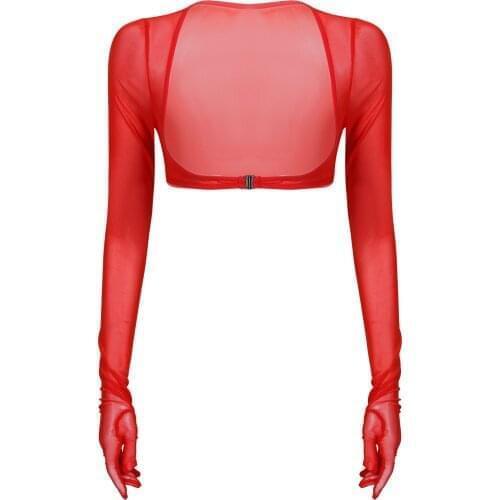 Womens Summer Rave Pole Dance Top Sun Protection Mesh Gloves Tops Long Sleeve See-through Open Front Buckle Crop Top Clubwear