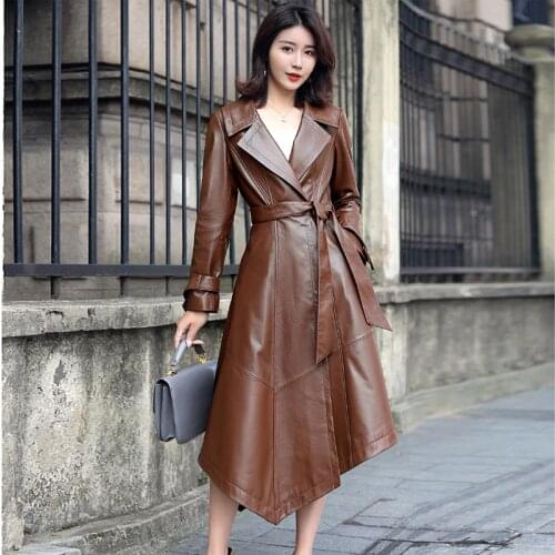 Genuine Leather Trench Coat Women Real Sheepskin Windbreaker with Belt Long Sleeve Leather Coat Gl0124