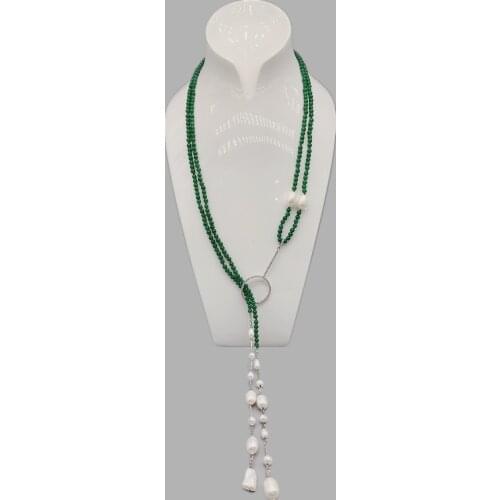 FoLisaUnique 4mm Green Jade Necklace For Women Cubic Zirconia Loop White Gold Filled Beads Stick Baroque Pearls Lariat Necklace