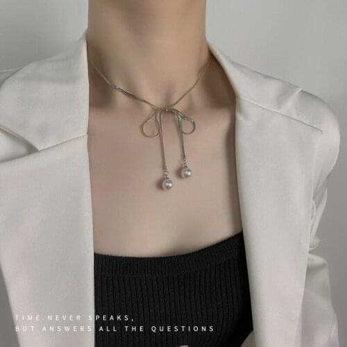 Bow Women Necklace Chain Artificial Pearl Woman Necklaces Jewelry Ladies Pendant Silver Color European Stainless Steel Collares