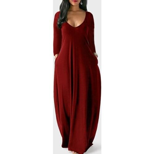 Spring Autumn Sexy Women Solid Color Long Sleeve Deep Round Neck Bodycon Maxi Dress Evening Party Dresses Loose Sundress