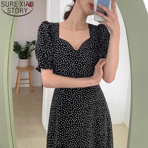 Korean Chic Vintage Summer Square Collar Dress Women Midi Long Dress High Waist Dot Print Dresses Short Sleeve Dresses 14393