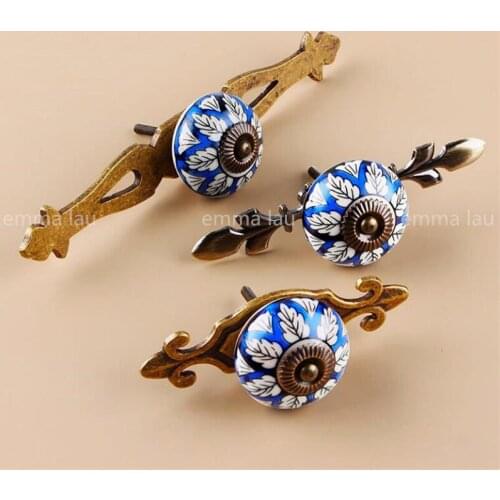 1Pc Ceramic Handles Hand-painted Printing Cabinet Door Handle Single Hole Blue Drawer Knobs Round Wall Cabinet Pulls