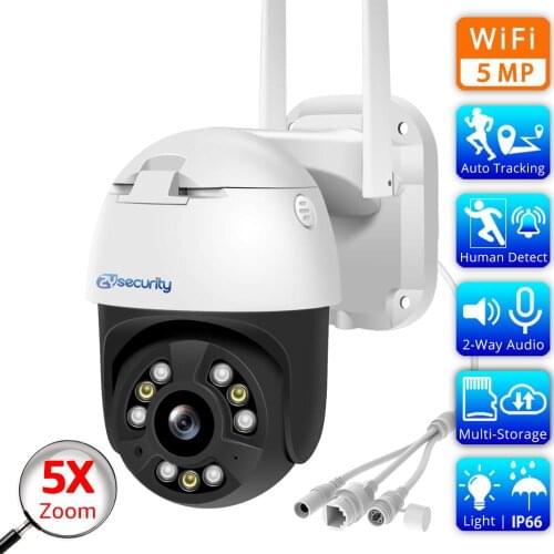 5MP 5X Optical Zoom WiFi PTZ Camera Outdoor Auto Tracking AI Dual Light Wireless Speed Dome Audible Alarm Surveillance IP Camera