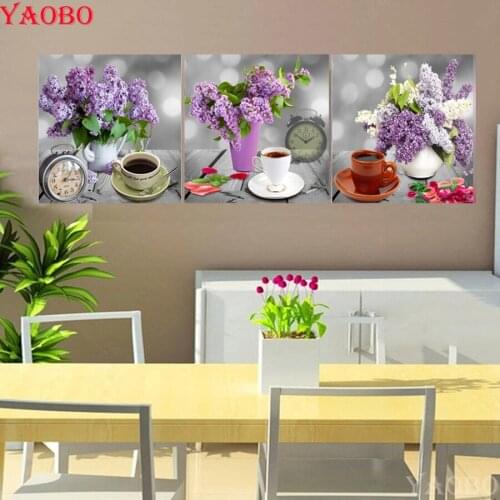 3 PCS 5d diy Diamond Painting Full square/round,Cross Stitch lavender Flower Picture Mosaic Diamond Embroidery for Kitchen Decor