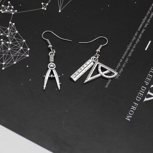 Retro Funny Compass Ruler Stationery Asymmetric Trinkets Earrings Punk Hip Hop Trend Ms. Jewelry