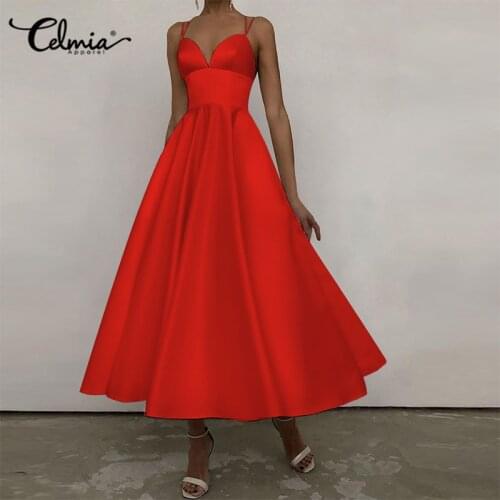 Celmia Women Sexy Straps Party Dress 2021 Summer Fashion Satin Sundress Backless Club Elegant A-line Long Beach Vestidos Robe