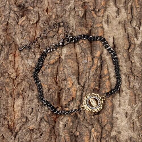 EYIKA Black Plated Cuban Chain Virgin Mary Charm Bracelet for Women Blue Zircon Pulsera De Moda Unique Design Religion Jewelry