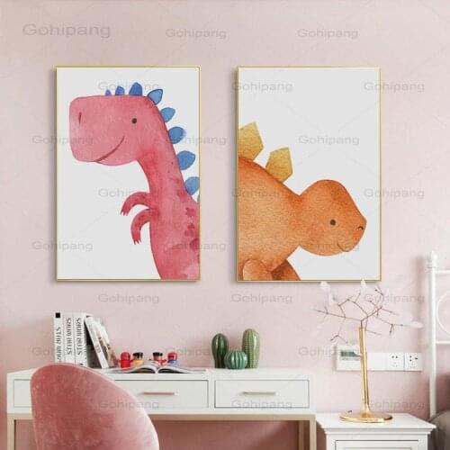 Canvas Painting Cartoon Watercolor Dinosaur Animal Cute Childrens Room Kindergarten Posters Living Room Canvas Decor Pictures