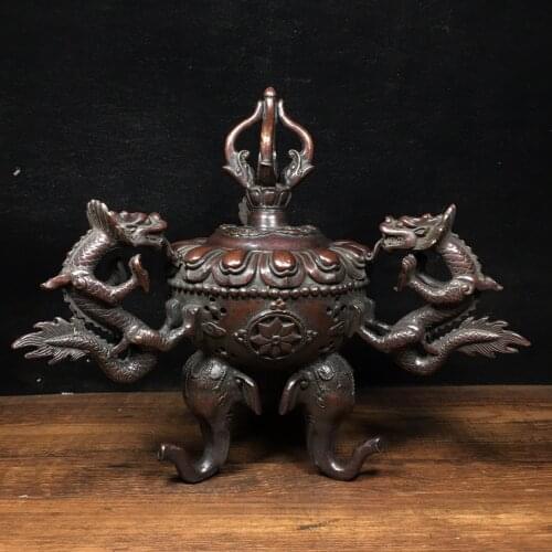 8"Tibet Temple Collection Old Bronze Dragon statue Three ears trunk Three-legged Incense burner Town House Exorcism