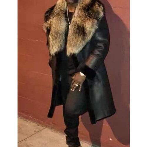 Lugentolo Plus Size Leather Coat Men Fur Collar Winter Fashion Lapel Long Sleeve PU Cardigan Casual Mens Jackets