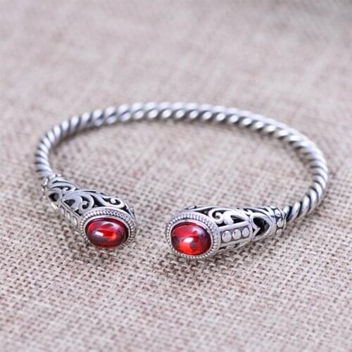 MetJakt Natural Agate/Garnet Quartz Bangle Solid 925 Sterling Silver Vintage Open Bracelets for Womens Luxury Jewelry