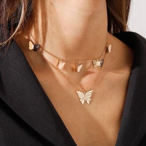 Trendy Simulation Butterfly Pendant Necklaces for Women 3D Butterfly Tassel Jewelry Gold Silver Color Multi-Layer Chain Necklace