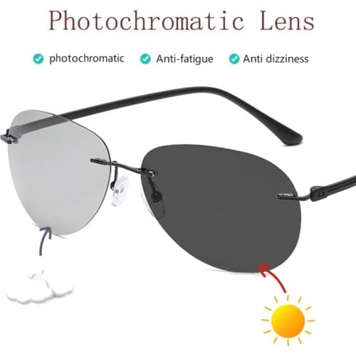 Mens Pilot Rimless Photochromic Polarized Sunglasses Vintage Ultralight Metal Retro Round Driving Sun Glasses Womens gafas очки