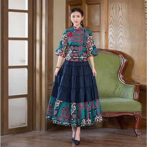 New Autumn Ethnic Style Improved Cheongsam Suit Skirt Chinese Style Cotton and Linen Blouse Two-piece Square Dance Costume Women