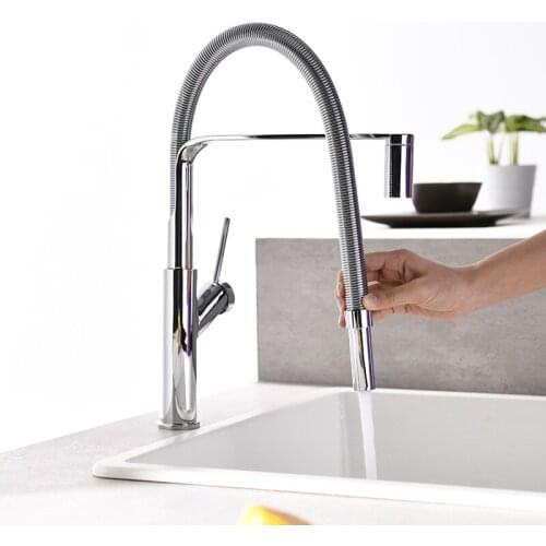 OWOFAN Chrome Brass Kitchen Tap Spring Hose Single Handle Spout Pull Down Mixer Tap Kitchen Sink Mixer Taps N22-023