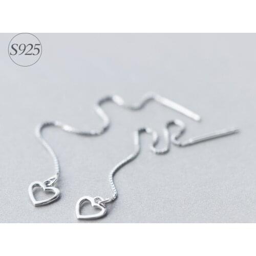 Real. 925 STERLING SILVER jewelry Ear Pull Through Open Heart Box Chain Tassel Threader Long Earrings dangle GTLE425