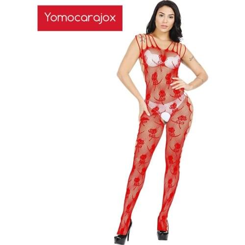 Rose Sexy Lingerie Bodysuit Underwear Net Long Sleeve Catsuit Open Hollow Out Sex Products Women Exotic Apparel Teddy Teddies Bo