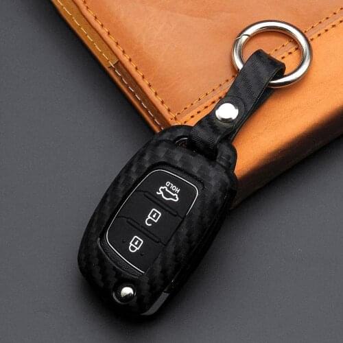 Carbon Fiber Car Silicone Key Case For Hyundai Creta I10 I20 Elantra Santa Fe 3 Button Remote Flip Fob Cover