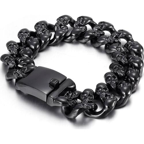 Heavy and Study Mens Stainless Steel Large Link Chain Motorcycle Biker Chain Bracelet with Skulls Polished Black 20mm 8.5 Inches