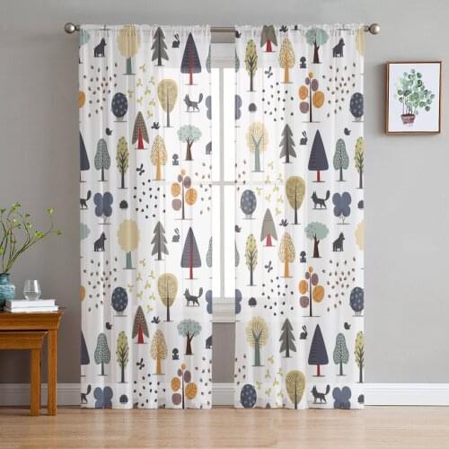 Plant Tree Bird Forest Cartoon Window Curtains Bedroom Modern Drape Sheer Tulle Valances Living Room Kitchen Voile Curtain