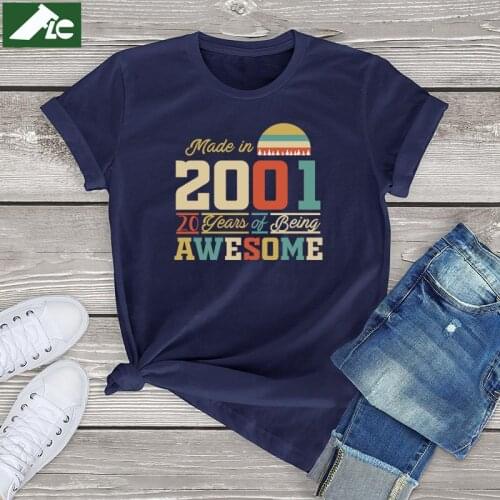 Womens Made in 2001 Cotton T Shirt 20th Birthday Gift Harajuku Women Shirt Awesome 20th Birthday Kawaii Fashion Girls Tee Tops