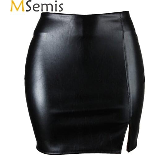 Womens High Waist PU Leather Bodycon Pencil Skirt Ladies Sexy Club Bar Clubwear Solid Color Zipper Back Side Slit Miniskirt