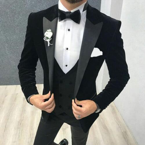 2020 Black Velvet Men Suits For Wedding Suits Groom Blazer Tuxedo Smoking Jacket 3Piece Slim Fit Costume Homme Terno Masculino