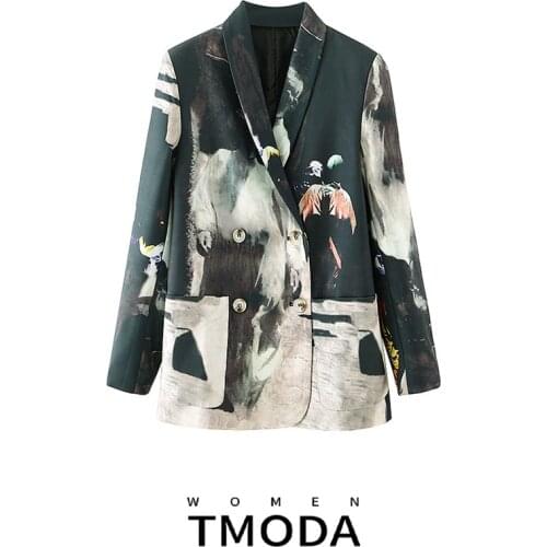 TMODA340 2021 Za Spring Autumn New Fashion Tide V-neck Double Breasted Printing Long Sleeve Temperament Womens Blazer Coat