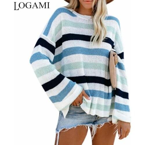 LOGAMI Striped Patchwork Sweater for Women Long Sleeve Flare Autumn Winter Pullover Woman Loose Casual Sweaters