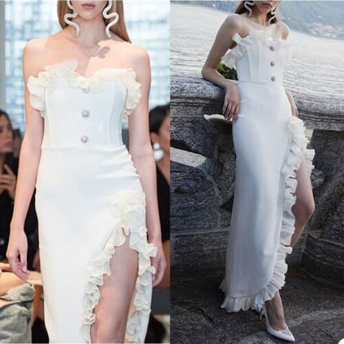 High Split Evening Dresses Strapless Sleeveless Women Prom Dress Custom Made Tulle Edge Sexy Formal Party Gowns