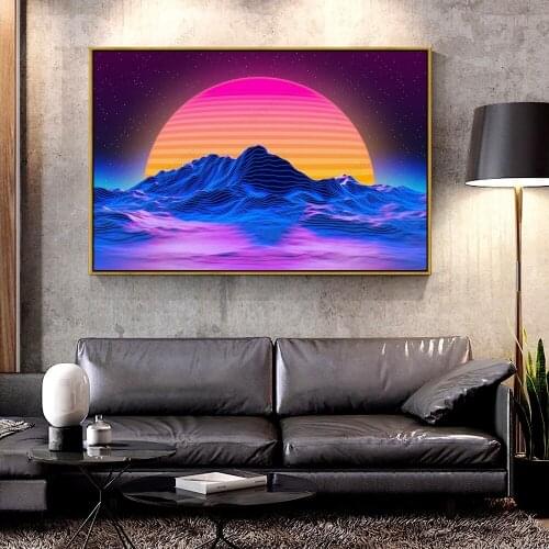 Artcozy Oil Canvas Painting For retro--mountains-neon-landscape Home Decoration Wall Art
