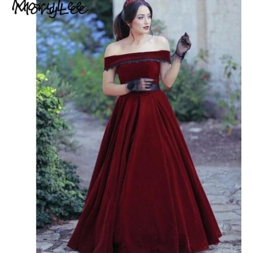 Prom Dresses Velvet Boat Neck A-Line Floor Length Pleated Burgundy Prom Dresses With Zipper Back vestidos de fiesta de noche