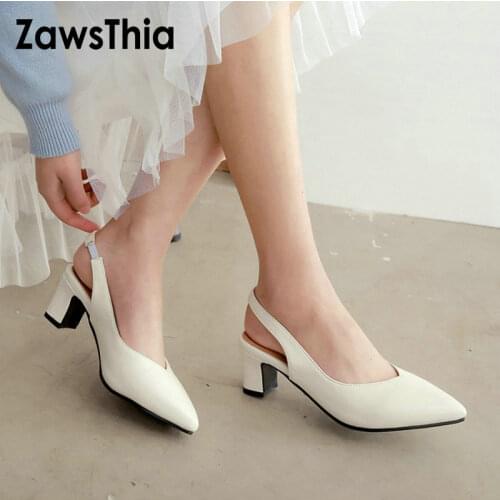 ZawsThia PU faux suede white pink pointed toe square med high heels woman sandals casual women slingback sandals big size 33-46