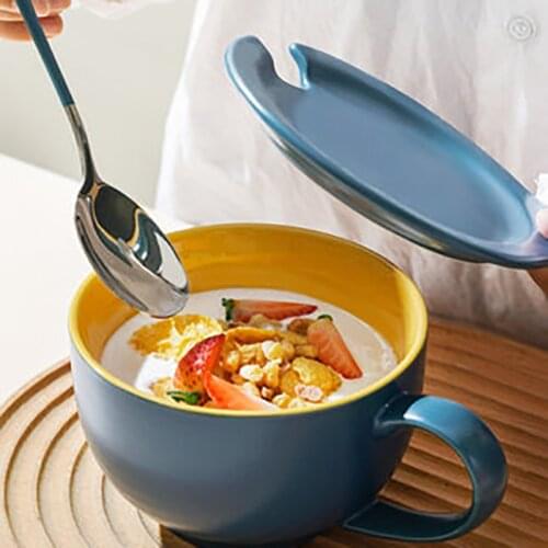 Breakfast Cup Household Cereal Milk Cup Ceramic Yogurt Mug Large Capacity Japanese Style Soup Mug with Lid кружка для чая больша